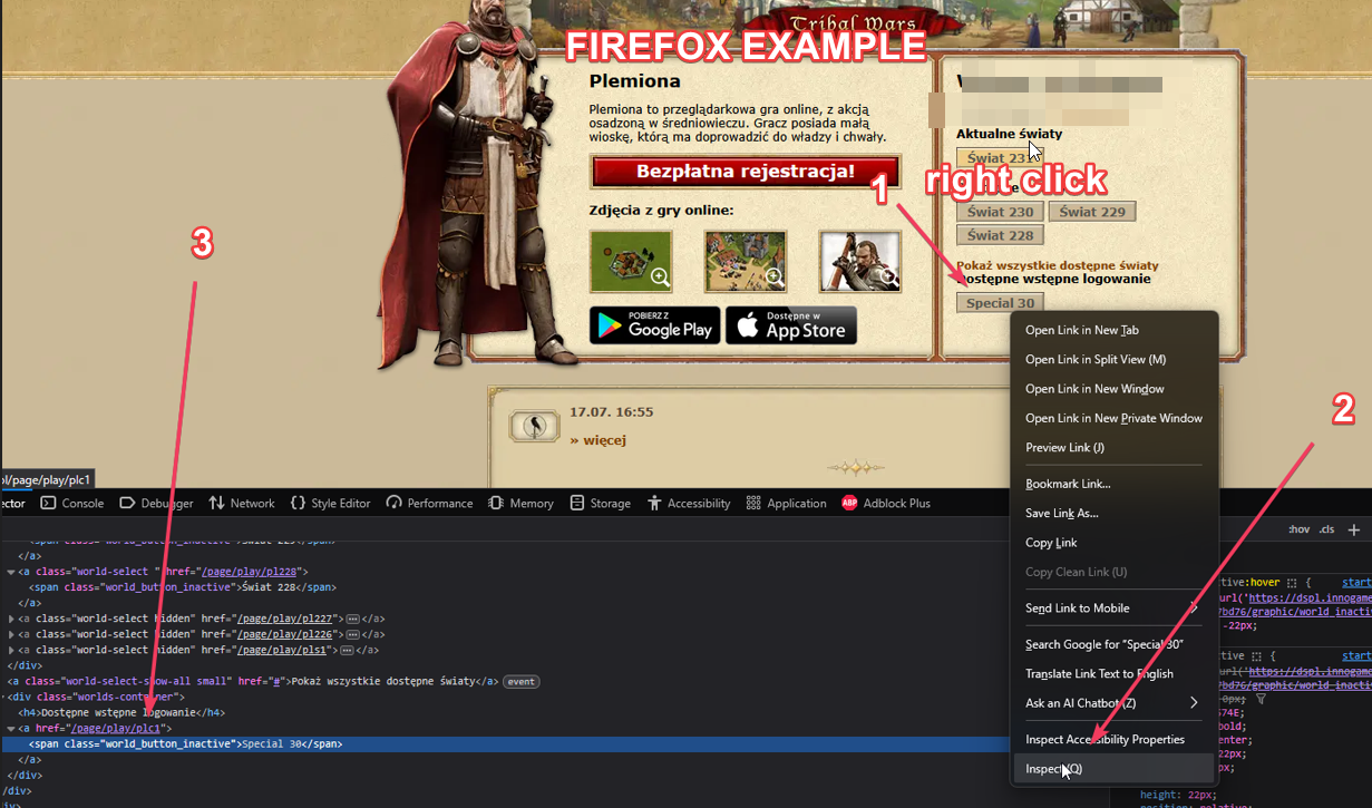 Inspecting Tribal Wars world button HTML to read the plc1 world prefix